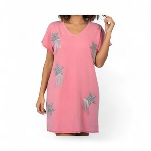 Blue b Women's Pink Star Studded Fringe T-Shirt Dress S